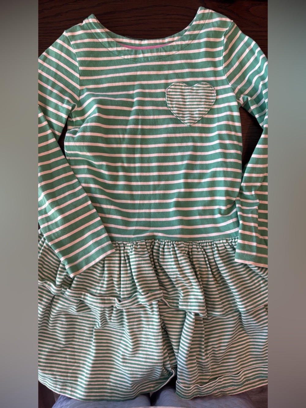 Mini Boden 6/7 Striped Green & White Long Sleeve Dress with Heart Pocket